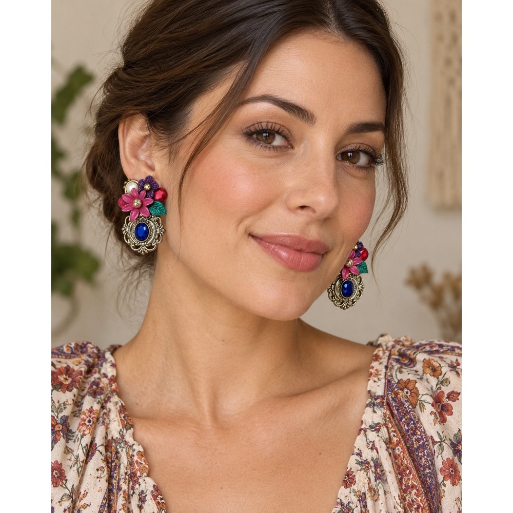 Vintage Clip On Earrings Multicolor Floral Rhinestone Ornate Silver Tone